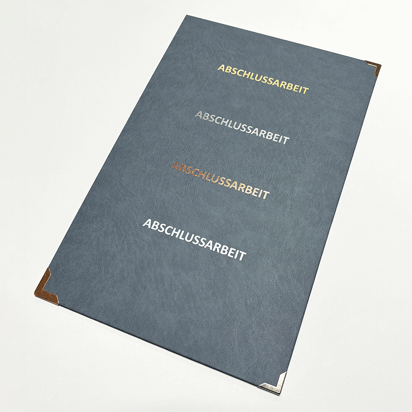 Abschlussarbeiten im Hardcover Kunstleder Graues Cover mit allen Farben für den Coverdruck und Buchecken